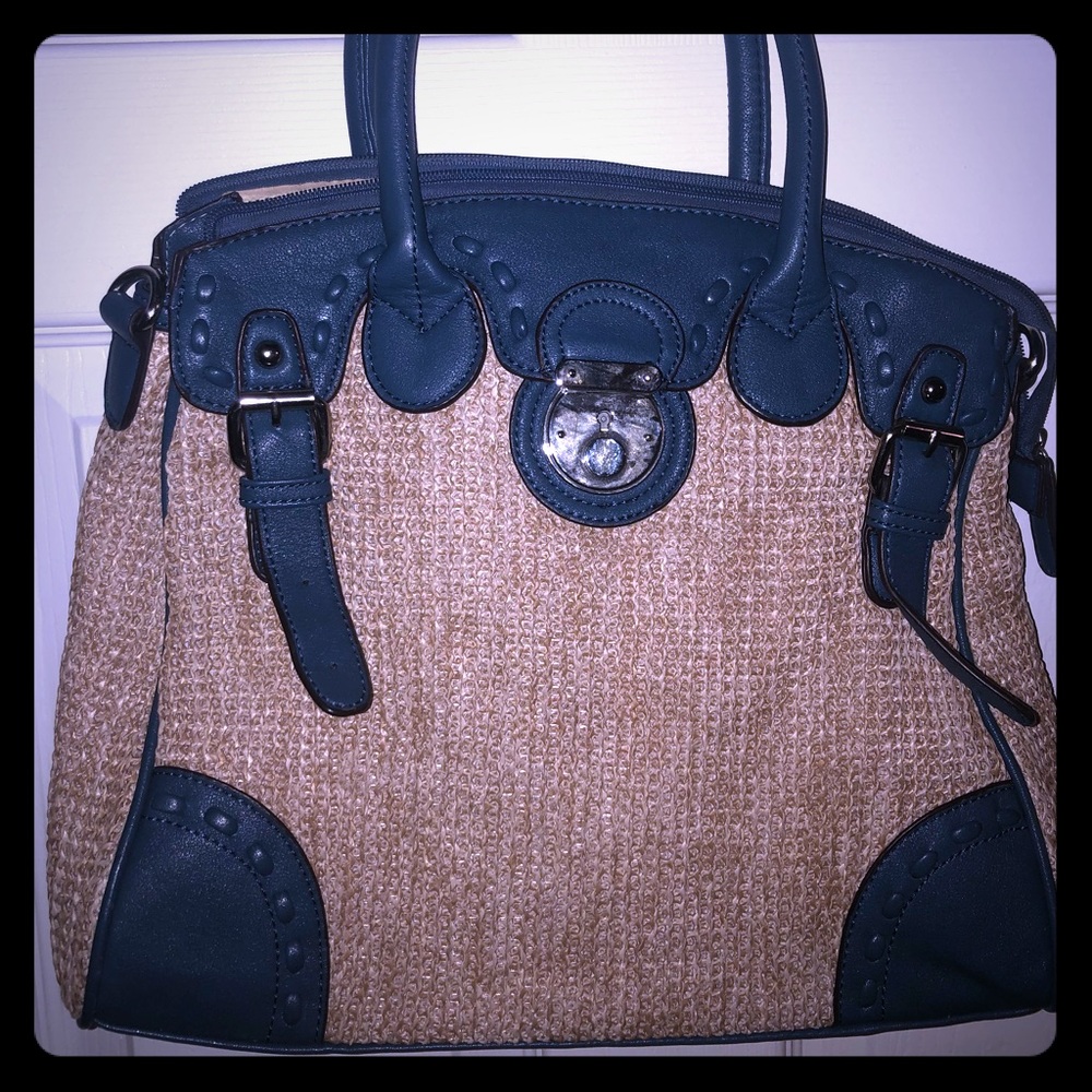 Blue and straw raffia satchel